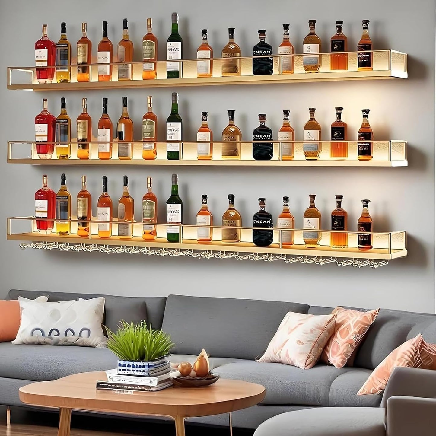 Wall-Mounted Metal Wine Rack with LED Lights 3-Tier Floating Bar Shelves with Wine Glass Rack Large Wine Bottle Display Rack Hanging Shelf, for Home Bar Dining Room Decorative (Gold, 140cm/55in)