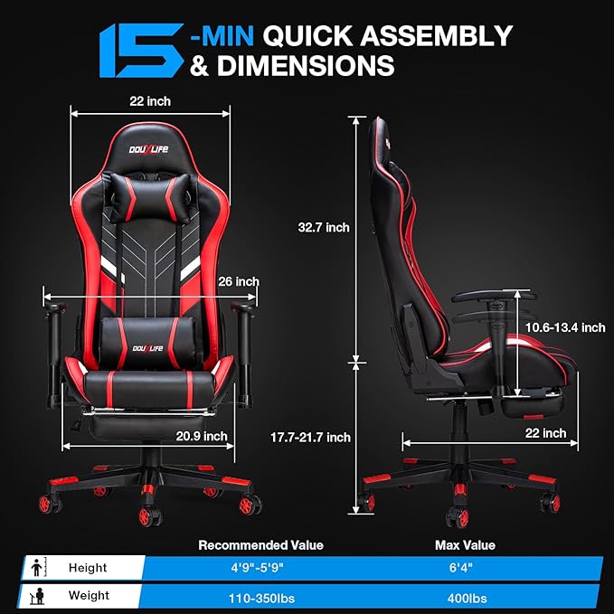 Douxlife Computer Gaming Chair with Footrest, Height Adjustable Game Chair for Adults 360°-Swivel Seat and Headrest and for Office or Gaming, Racing Style Black Red