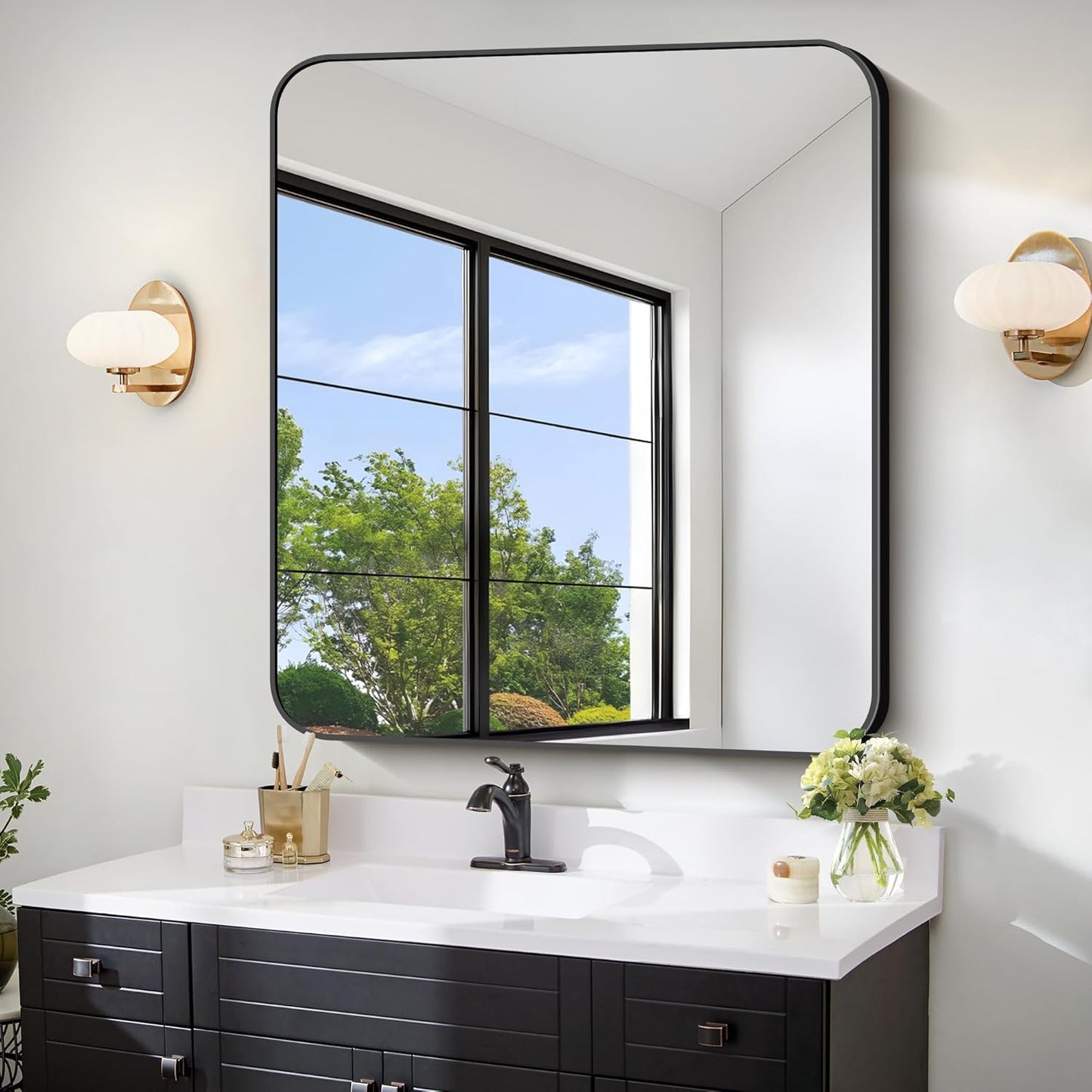 FORBATH Bathroom Mirror 36x40 Inch, Large Rectangular Wall Mirror with Black Aluminum Frame, Rounded Corners, Horizontal or Vertical Mount for Bathroom, Bedroom, Entryway