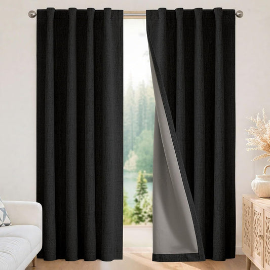 Joydeco 100% Blackout Curtains for Bedroom - Natural Linen Curtains 42"W x 84"L Long, Thermal Insulated 2 Panels Black Light Blocking Drapes, Rod Pocket & Back Tabs, Darkening Privacy for Living Room