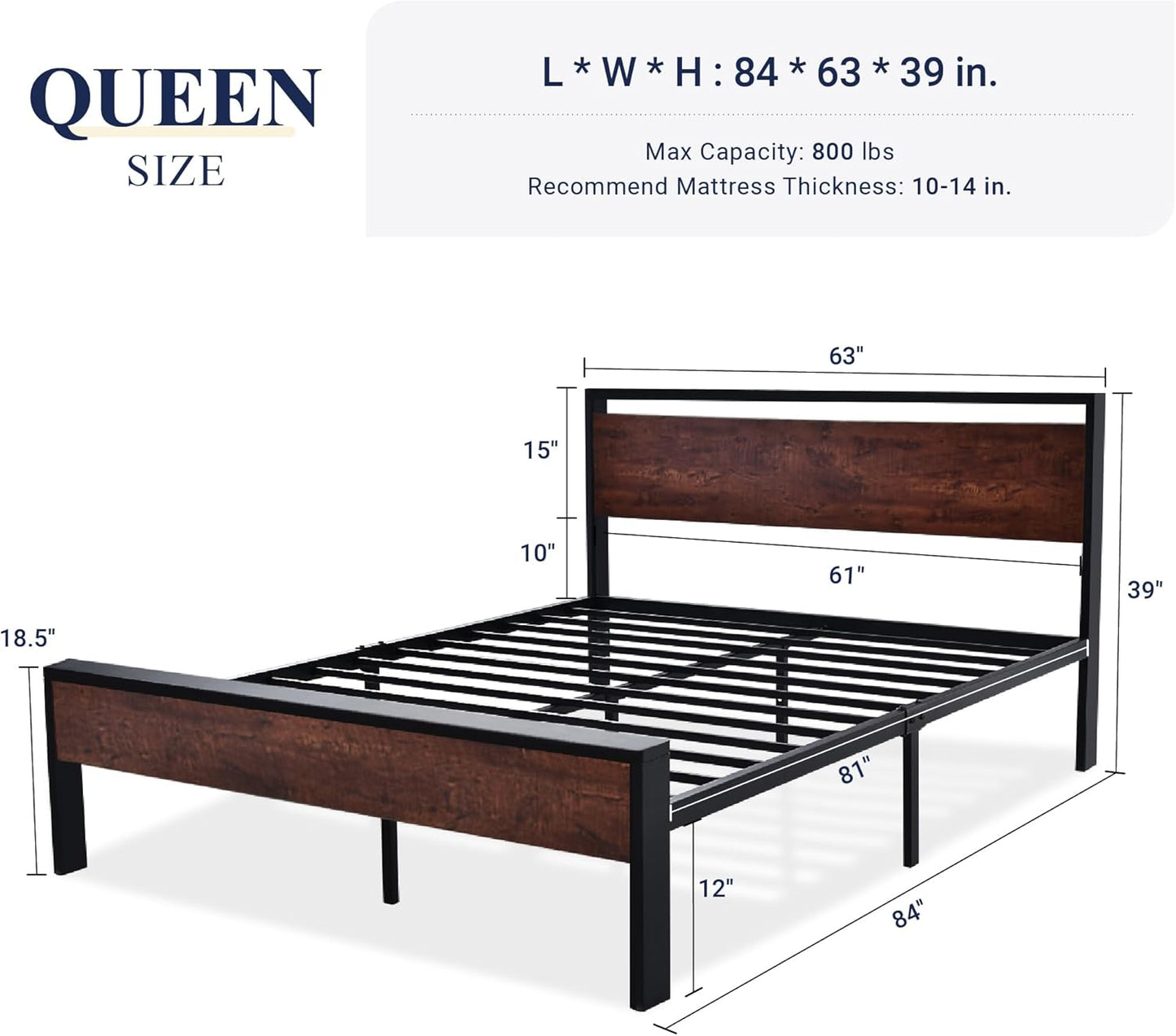 Allewie Queen Size Platform Bed Frame with Wooden Headboard and Footboard, Heavy Duty 12 Metal Slats Support, No Box Spring Needed, Under-Bed Storage, Noise Free, Easy Assembly, Mahogany