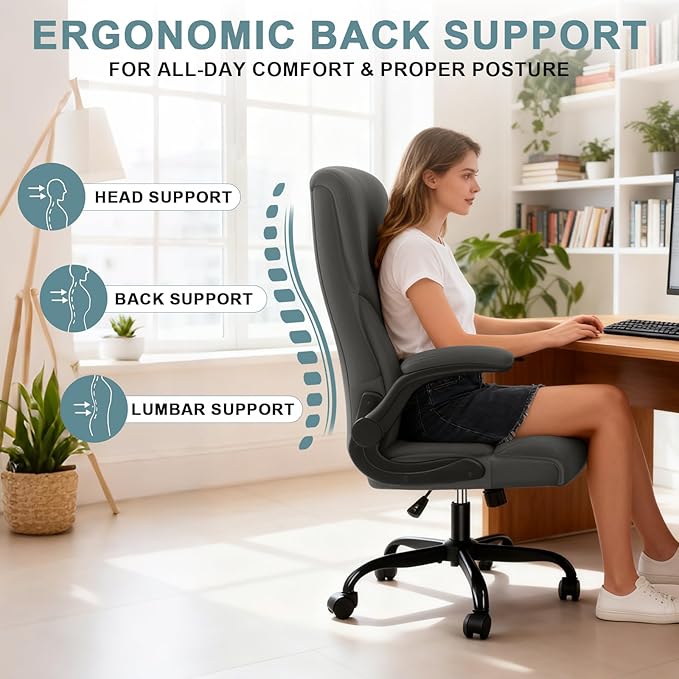 Executive Office Chair, High Back Ergonomic Comfy Desk Chair with Padded Flip-up Armrests and Wheels, PU Leather Heavy Duty Computer Swivel Rolling Task Chair for Home Office, Adults, Gray