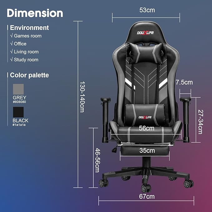 Douxlife 7-Point Massage Gaming Chair, 175° Gaming Recliner with Footrest Ergonomic Computer Office Chair High Back Video Game Chair with Lumbar Support, Upgraded Versio Grey