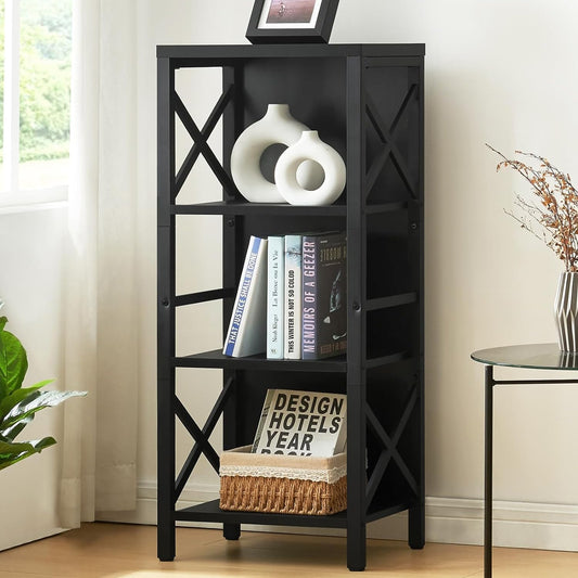 Small Bookshelf,4 Tier Industrial Bookcase with Metal Frame and Backboard,Narrow Black Book Shelf,Office Book case for Small Spaces,Living Room,Bedroom and Home Office