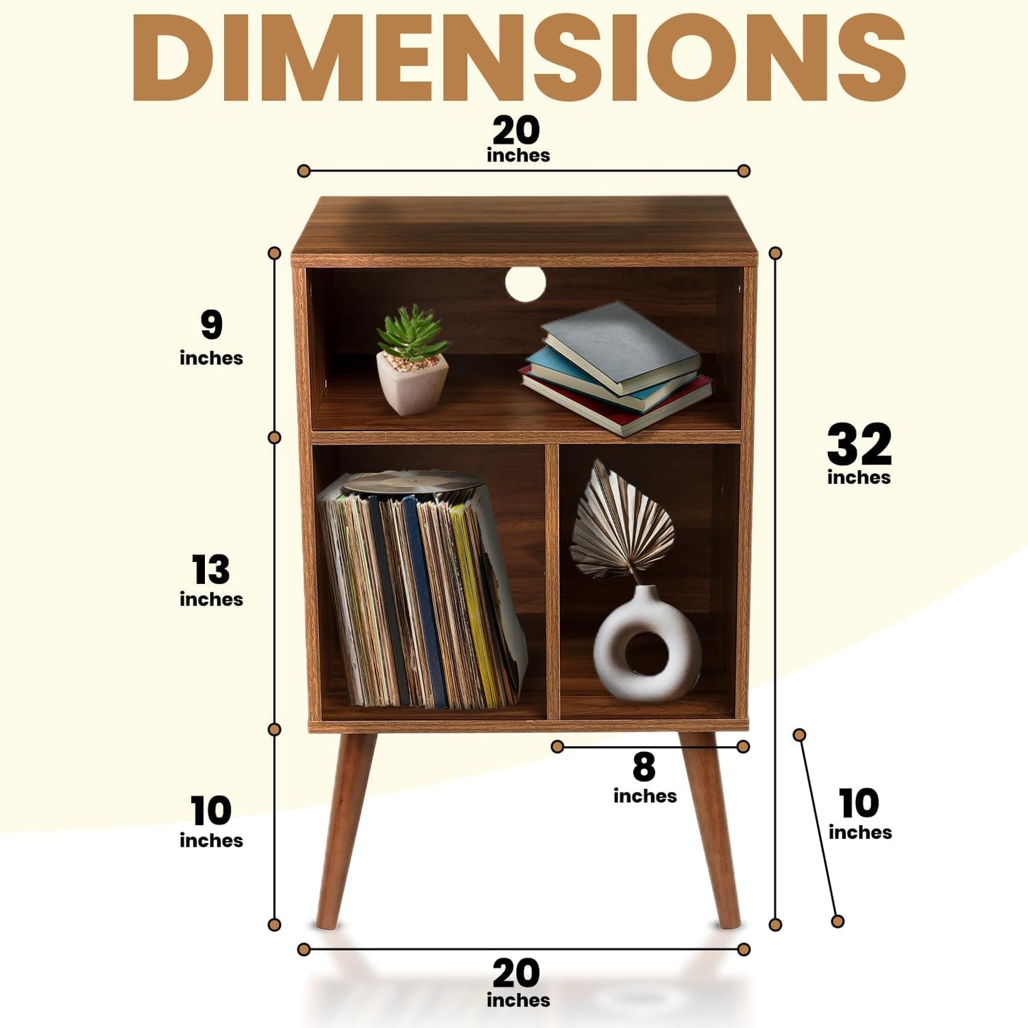 Record Player Table – 20 x 15.75 x 32 Inches- Vintage Decor Side Table with Wood Legs, Record Holder Stand - Walnut Finish Retro Furniture Storage Cabinet for Living Room, Bedroom, Kitchen
