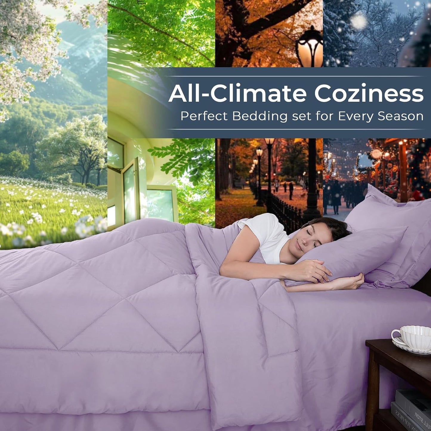 HEVUMYI King Purple Comforter Set - 7-Piece All Season Bed in a Bag King, Ultra Soft Bedding Set with Comforter, Flat Sheet, Fitted Sheet, Pillowcases, Pillow Shams, Lavender Purple