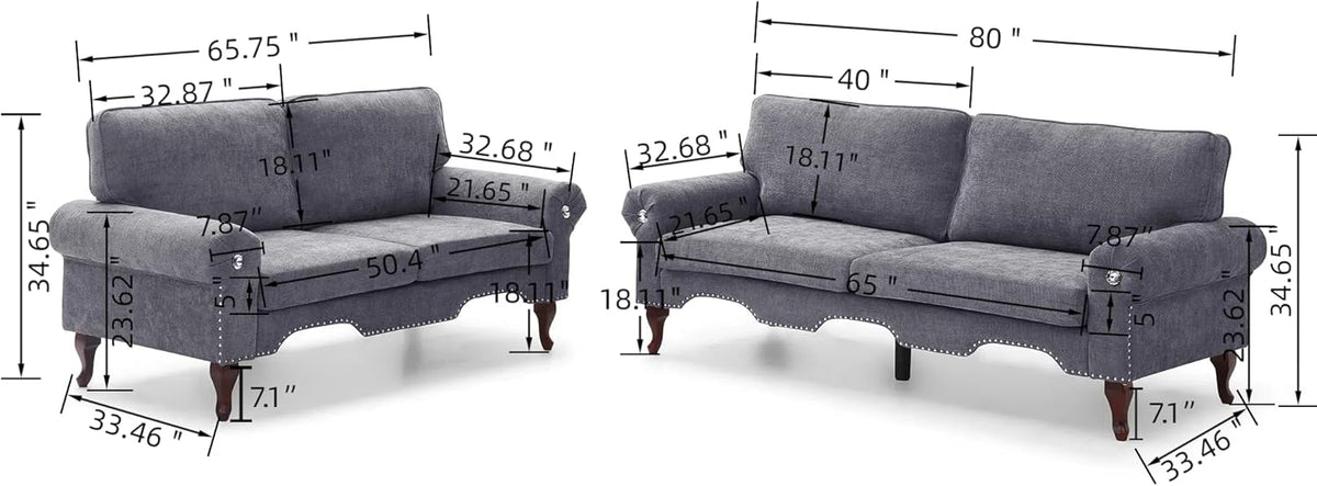 2 Piece Sectional Sofa Set, 2+3 Seat Convertible Couch with Movable Pillows, Upholstered Couches for Living Room, Grey