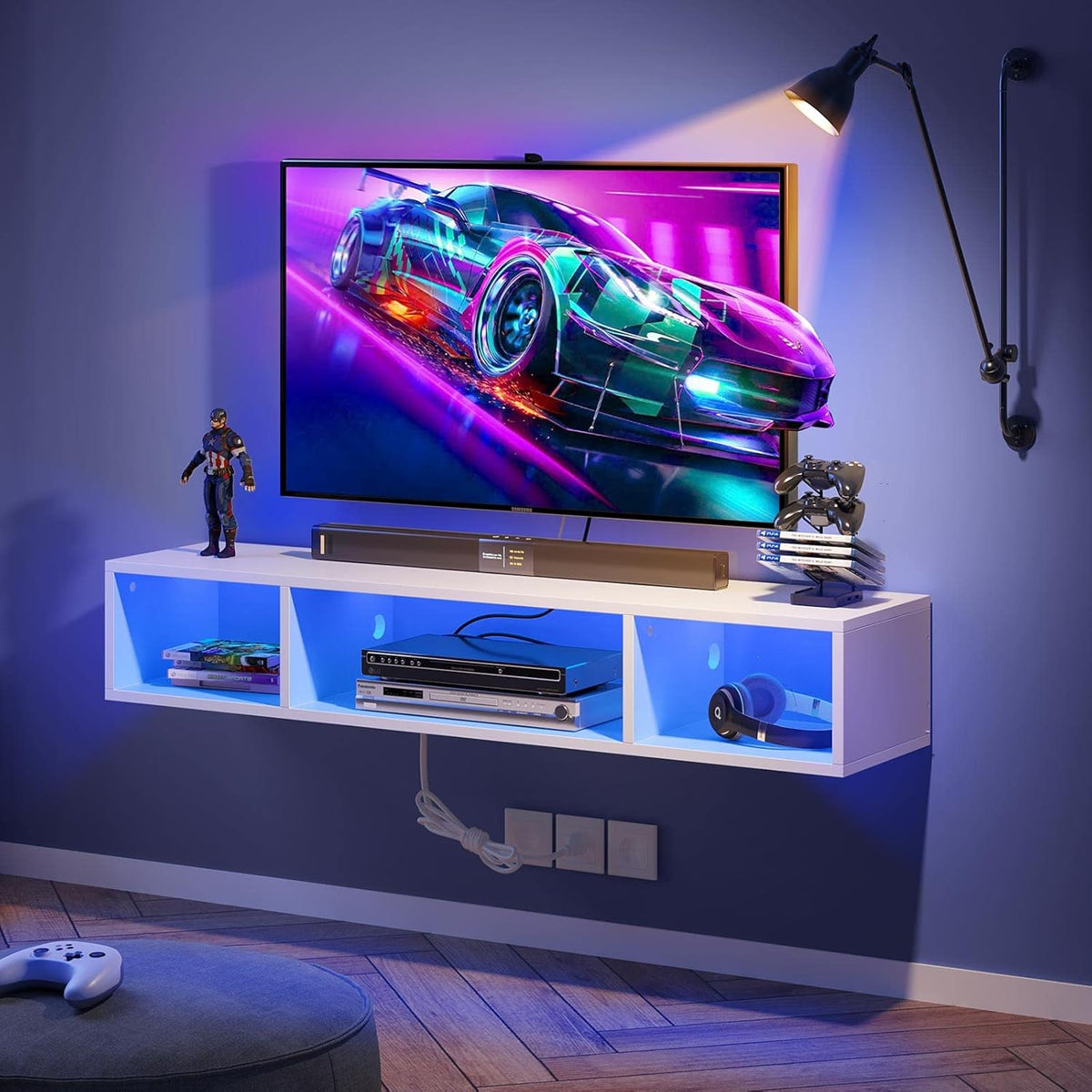 Rolanstar TV Stand with Power Outlet, Floating TV Stand with RGB Lights, 55.1" Wall Mounted TV Shelf, White Media Console with Storage Shelf, Entertainment Under TV for Living Room, Bedroom