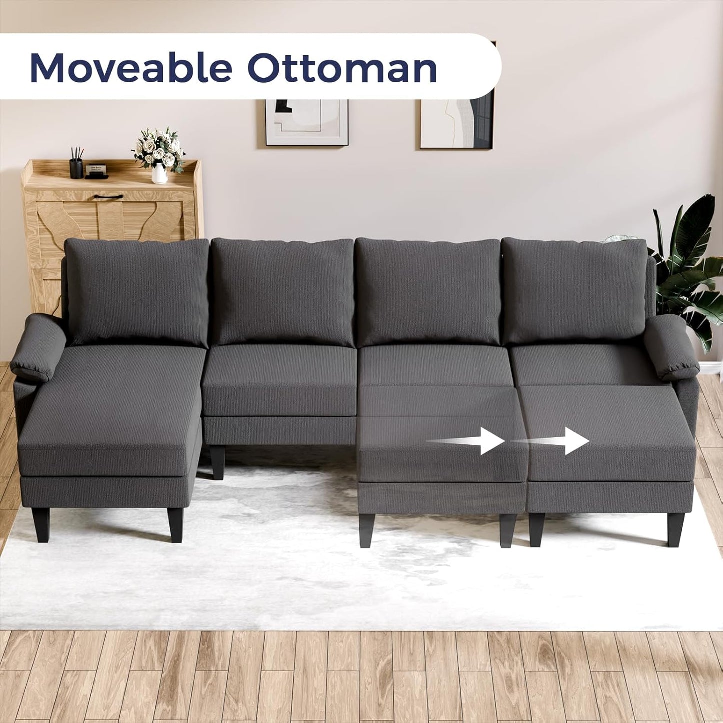 U Shaped Sectional Couch, Convertible Modular Sectional Sofa with Chaise & Ottomans, Modern 6 Seat U Shaped Couches for Living Room Apartment, Grey