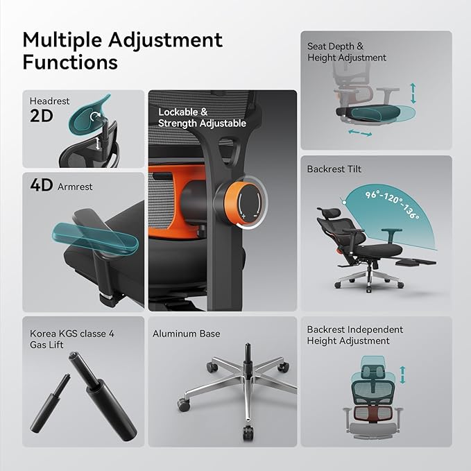Newtral Ergonomic Office Chair with Fully Adaptive Lumbar Support, 136°Tilt Function, Computer Desk Chair with Soft 4D Armrest, Adjustable Headrest (Supreme Without Laptop Tray, Black)