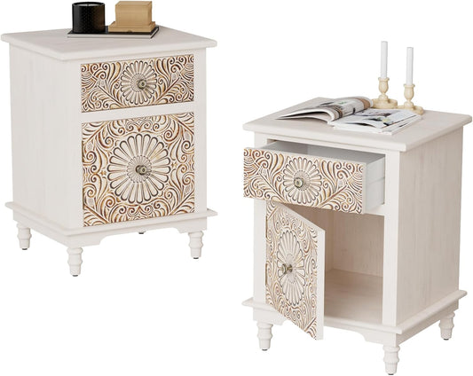 COSIEST Bedside Table Set of 2, Wood Nightstand, Farmhouse End Table with Storage, Nightstand with Drawers for Bedroom, Living Room