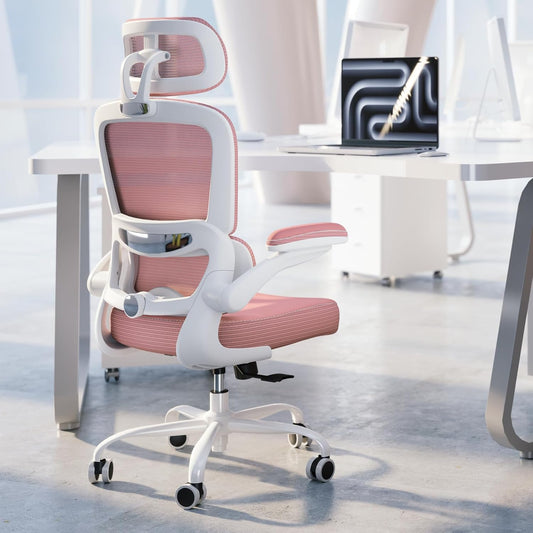 TRALT Ergonomic Office Chair - Desk Chair with Adjustable Headrest Lumbar Support Computer Chair - Mesh Comfy Chair with Flip-up Armrests - Gaming Chairs for Adults Home Office (Leather, Pink)