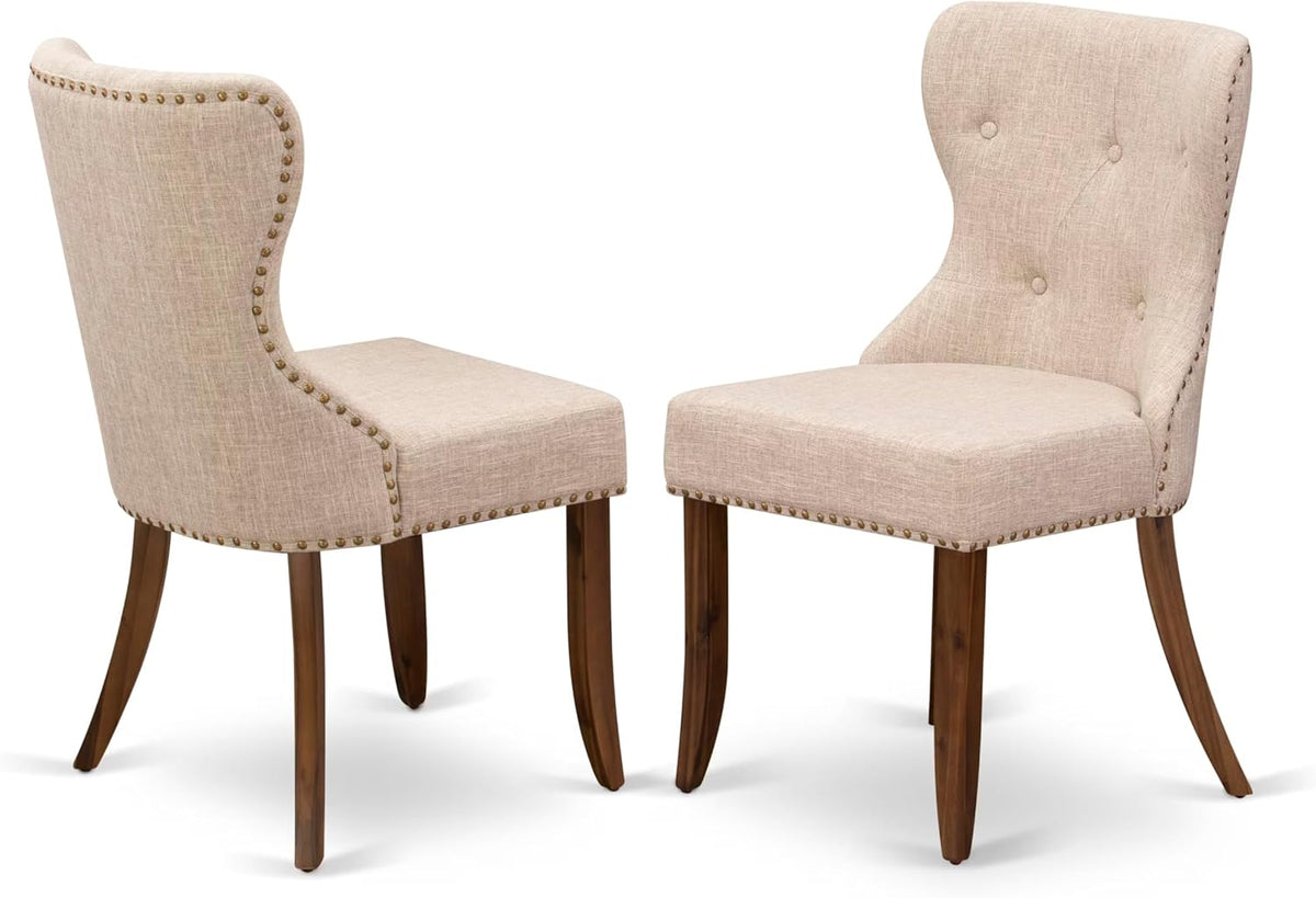LKSI5-AWA-04-5-pc Mid Century Dining Set Consists of a Modern Dining Table and 4 Light Tan Linen Fabric Modern Chairs with Button Tufted Back - Antique Walnut Finish
