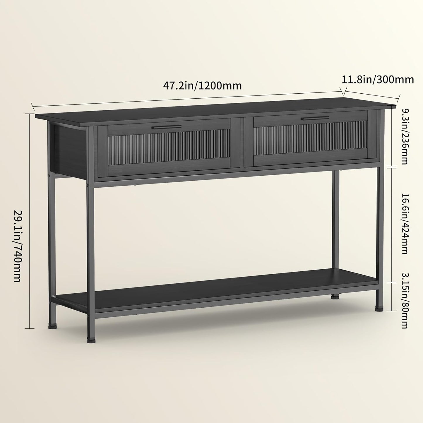 Aetheris 47" Console Table with 2 Drawers, 2 Tier Sofa Table with Storage,Entryway Table, Industrial Console Table for Entryway, Sofa Table Behind Couch for Living Room, Black