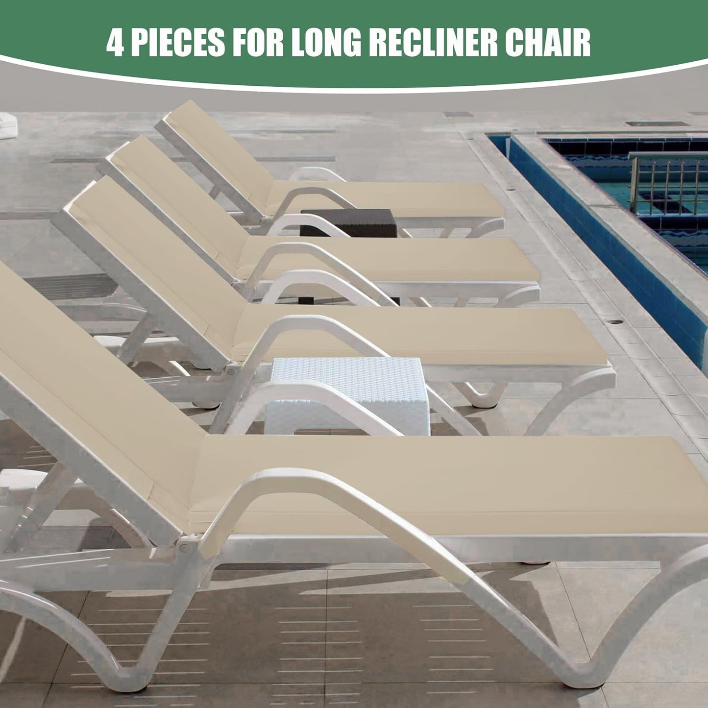 Chaise Lounge Cushions Outdoor Set of 4 - Waterproof and Fade Resistant Sun Lounger Replacement Cushion - Patio Lounger Pads with Removable Cover for Pool, Deck, Lawn, 80 x 26 x 3 Inch, Cream