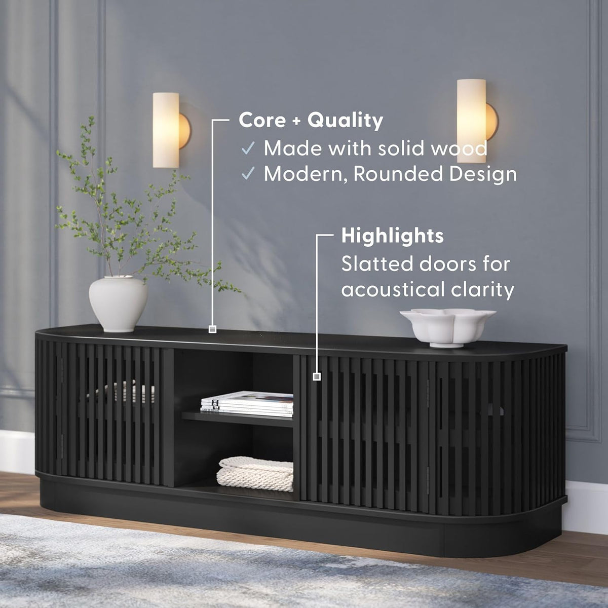 Plank+Beam Contour Wood TV Stand, Solid Wood Entertainment Console with Storage, 59" L x 16" W x 19" H, Black