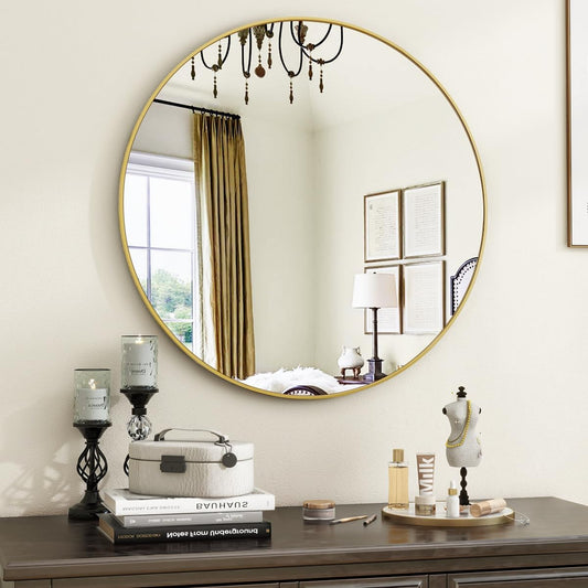 Gold Round Bathroom Mirror, 20 inch Circle Wall Mounted Hanging Mirror with Simple Modern Circular Metal Frame for Hallway, Entryway, Living Room, Gold Frame