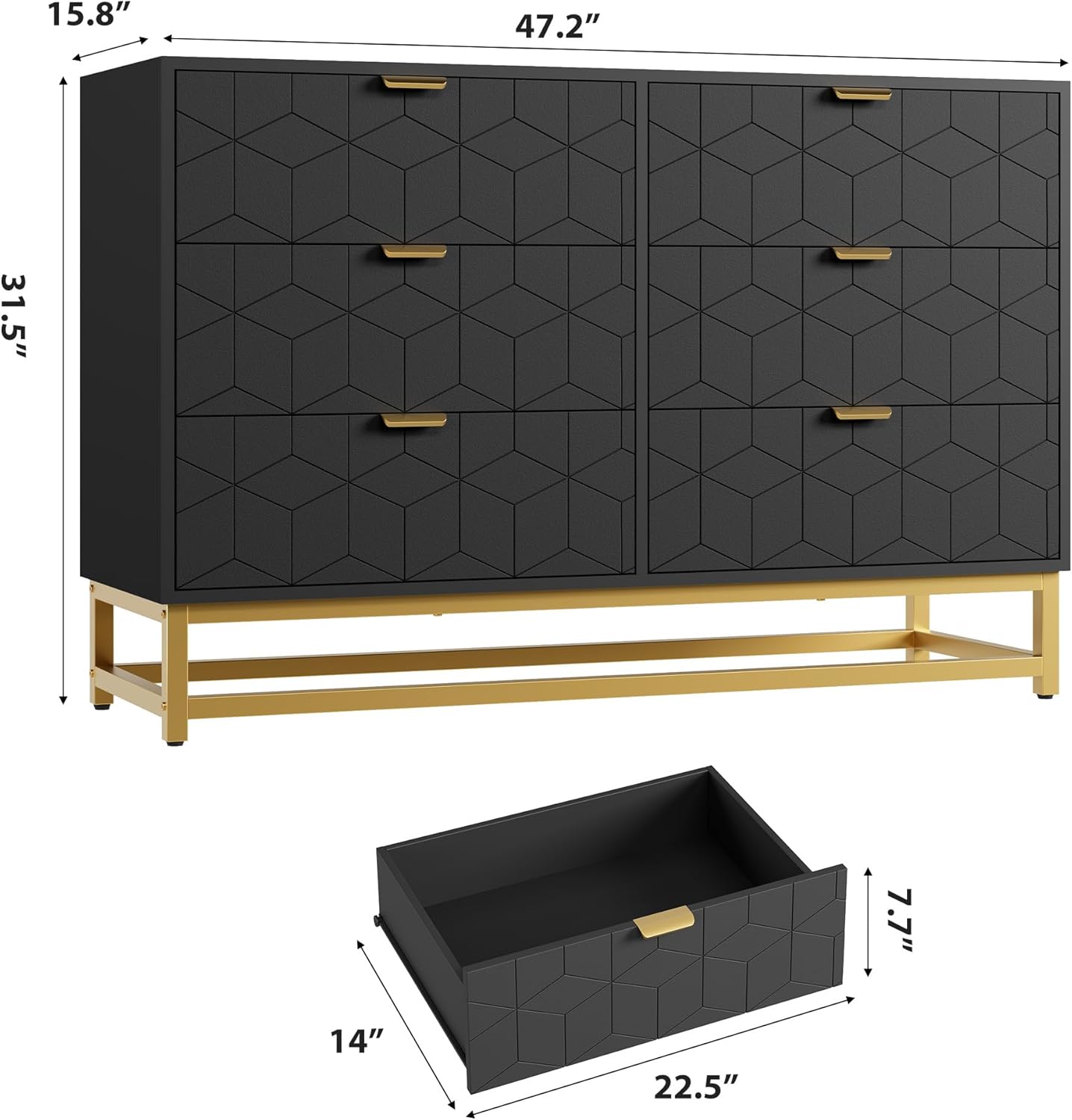 GAOMON Black Dresser for Bedroom,Modern 6 Drawer Double Dresser with Gold Handles,Long Storage Organizer for TV Stand & Closet,Large Chest of Drawers for Living Room,Hallway,Entryway