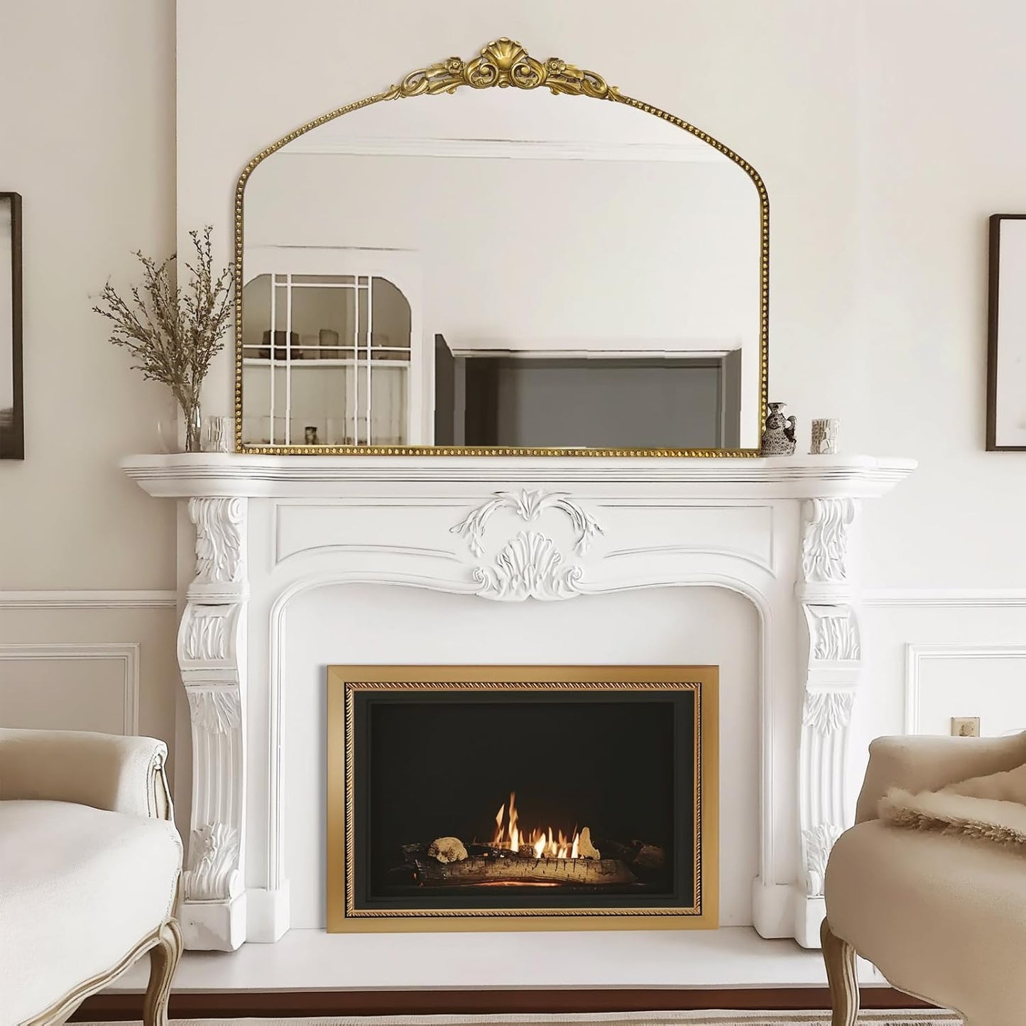 G-LEAF Vintage Baroque Mirror 40"X30",Victorian Antique Mirror, Farmhouse Mantel Mirror with Black Brush Gold Ornate Metal Frame for Fireplace Entryway Living Room Hallway Bathroom