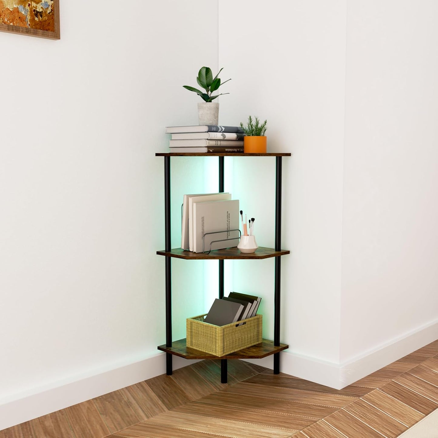 Corner Shelf Stand, Storage Standing Shelf Unit with Metal Frame, Narrow Bookshelf with LED Light Brown Plant Display Stand, Multi Unit Organizer Corner Cabinet for Bedroom, Living Room (3 Tier)