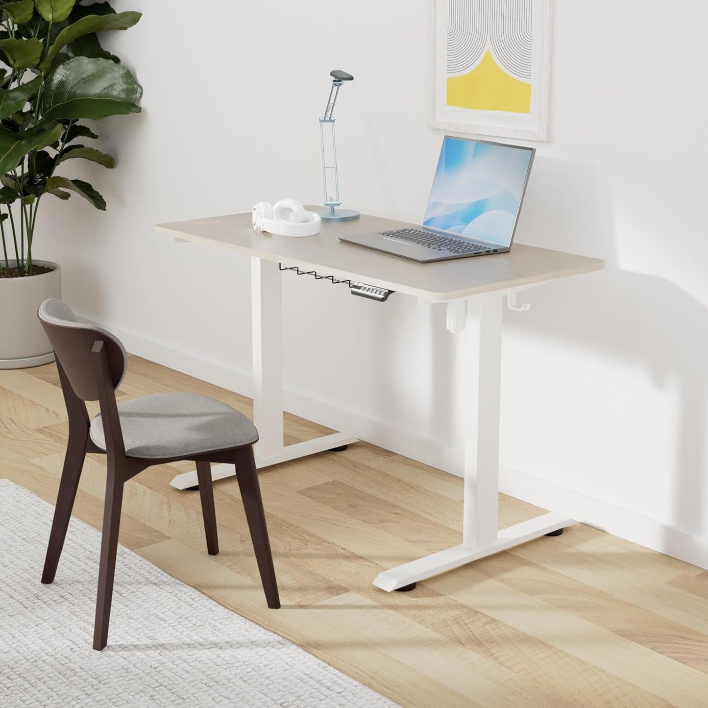 SHW 48-Inch Electric Height Adjustable Sit to Stand Desk with Hanging Hooks and Cable Management, White Frame and Maple Top
