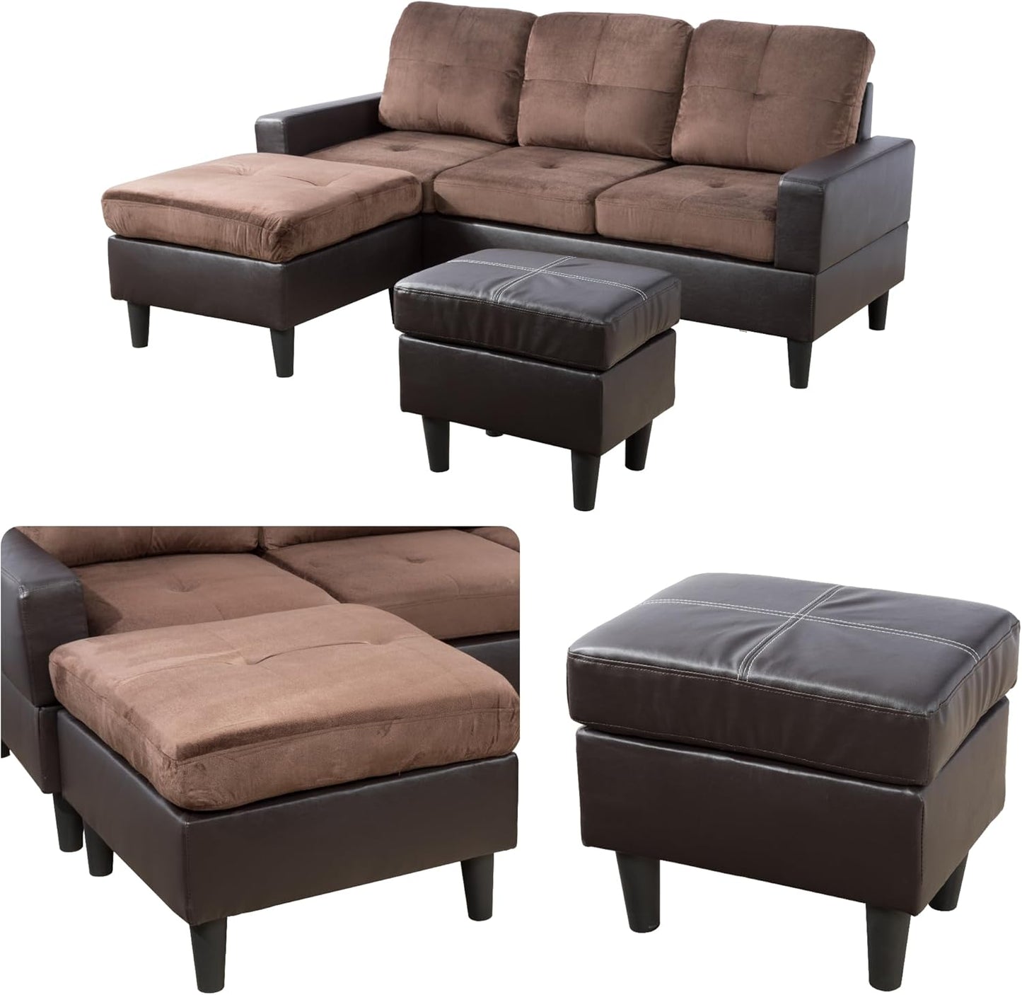 L Shaped Sofa with Ottoman, Modern Faux Leather Couch with Chaise, 3 Seat Living Room Sofa Set with Solid Wood, for Home, Apartment, Study Room, Brown Chocolate