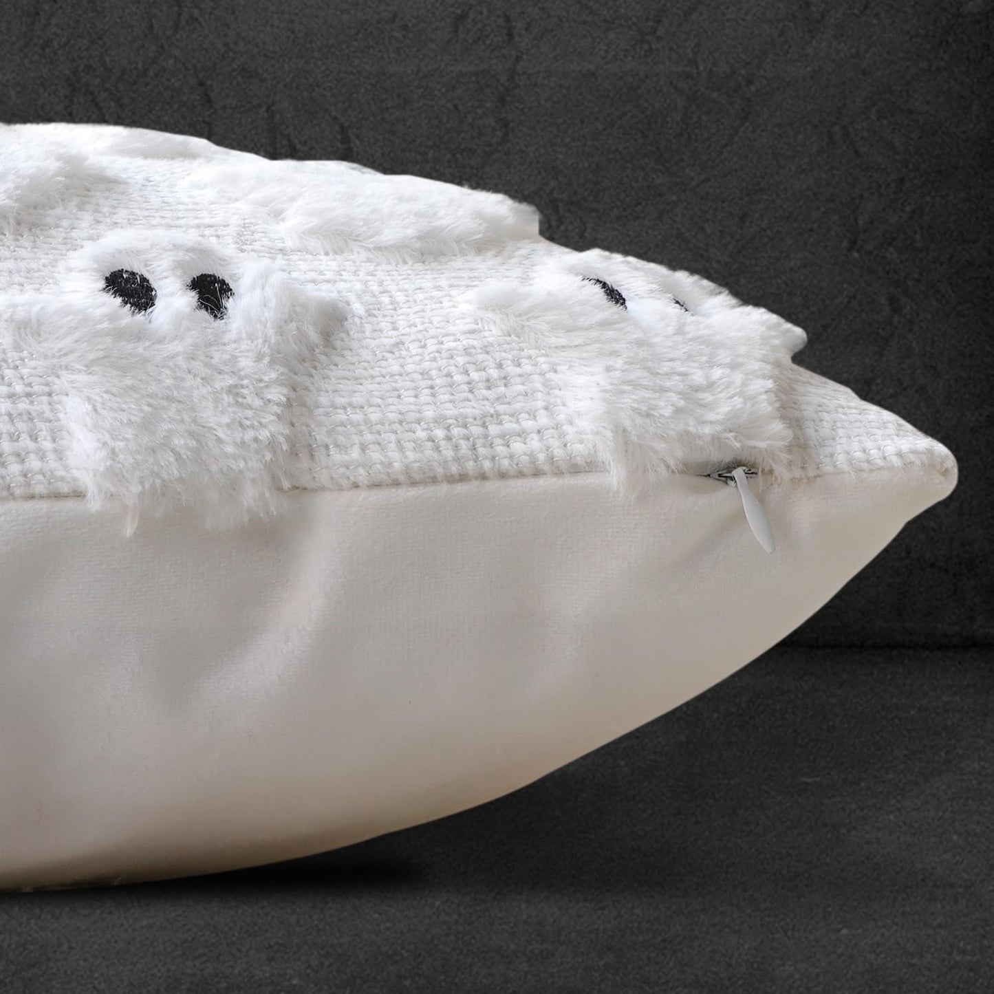 4TH Emotion Halloween Ghost Decorative Pillow Covers 18x18 Set of 2, White Soft Plush Faux Fur Farmhouse Throw Cushion Cases for Fall Autumn Holiday Home Decorations