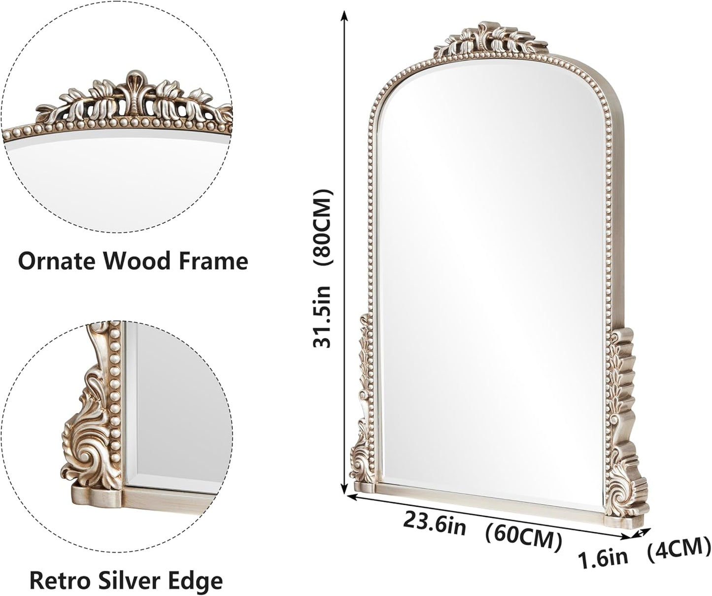 SHYFOY Antique Silver Mirrors for Wall Decor, Vintage Decorative Wall Mirror, Baroque Arch Large Mirrors for Living Room Entryway Powder Room, Home Decor