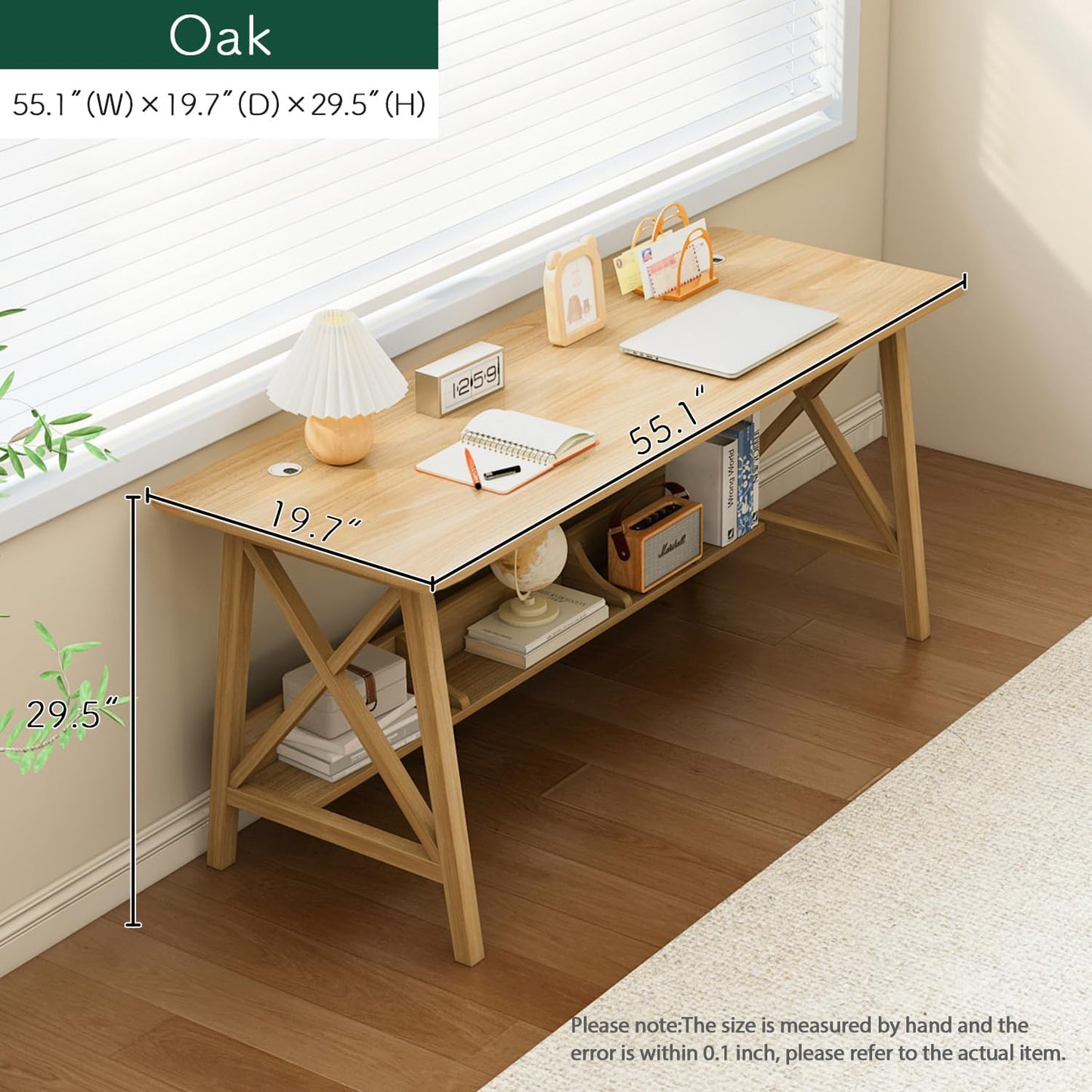 Extra Long Desk with Bookshelf - Wooden Home Office Work Study Table, Writing Computer Workstation with Storage Shelf in Oak, 55" Wx20 Dx30 H