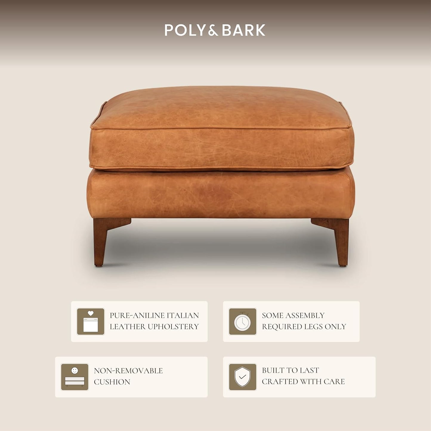 POLY & BARK Essex Ottoman - 35” Large with Feather-Down Topper - Full-Grain Leather Upholstered Ottoman - Couch for Living Room - Vintage Italian Leather in Cognac Tan