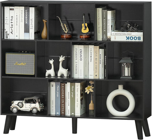 YAHARBO 10 Cube Bookshelf,3 Tier Bookcase with Legs,Black Mid-Century Modern Bookshelves,Large Free Standing Open Storage Organizer Shelf,Tall Wooden Book Case Furniture for Bedroom,Living Room,Office