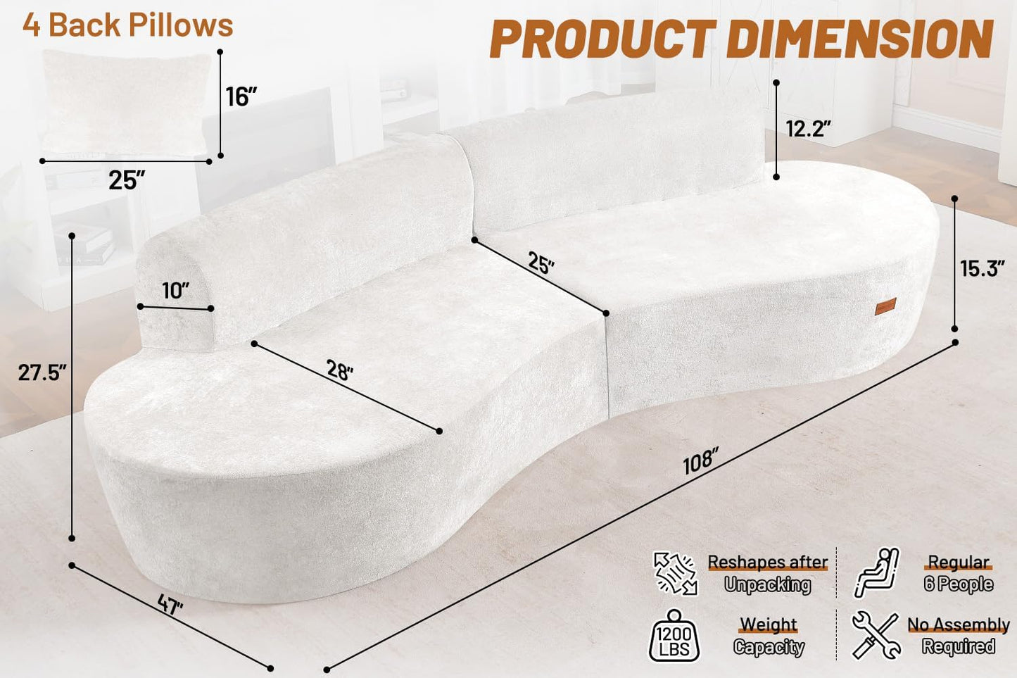 Homguava 104'' Modular Sectional Sofa,Curved Modern Sofa with Memory Foam,Deep Seat Cloud Couch with 4 Pillows,Upholstered Oversized Couches for Living Room Apartment Office,No Assembly Required,Beige