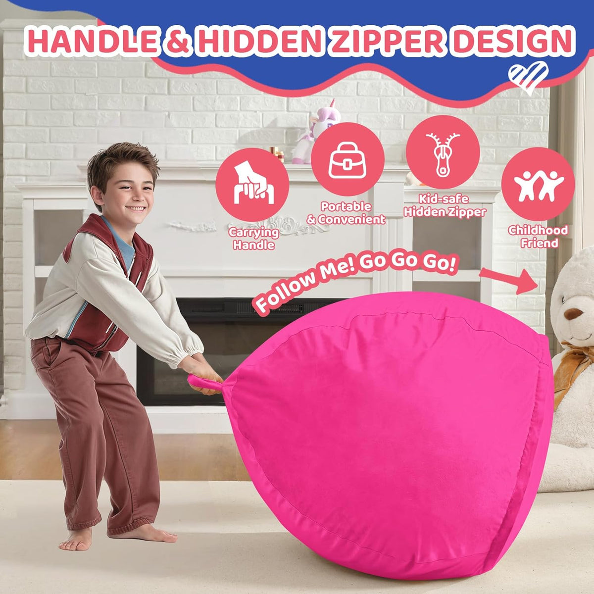2FT Bean Bag Chair, Comfy Bean Bag Chairs with Memory Foam Filled, Fluffy Beanbag Sofa with Dutch Velvet Cover, Teardrop BeanBag Chairs for Living Room, Playroom - Pink