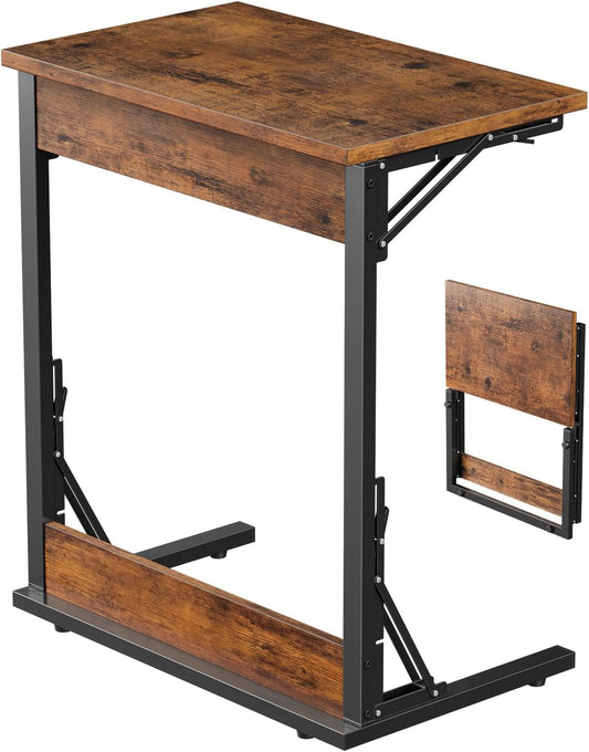 Tatub Folding TV Tray Table, 24" Wide C-Shaped End Table for Couches, Small Sofa-Side Laptop Desk with Metal Frame for Living Room, Bedroom, Rustic Brown