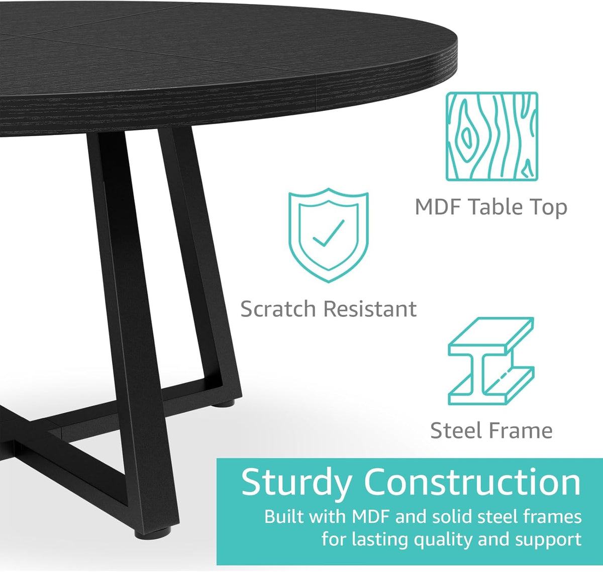 Black Round Dining Table for 6 - Modern Circle 51 Inch Large Room Kitchen Dinning Tables for 4 to 6 Person Seats Small Spaces Wood Dinner Mesa De Comedor Redonda
