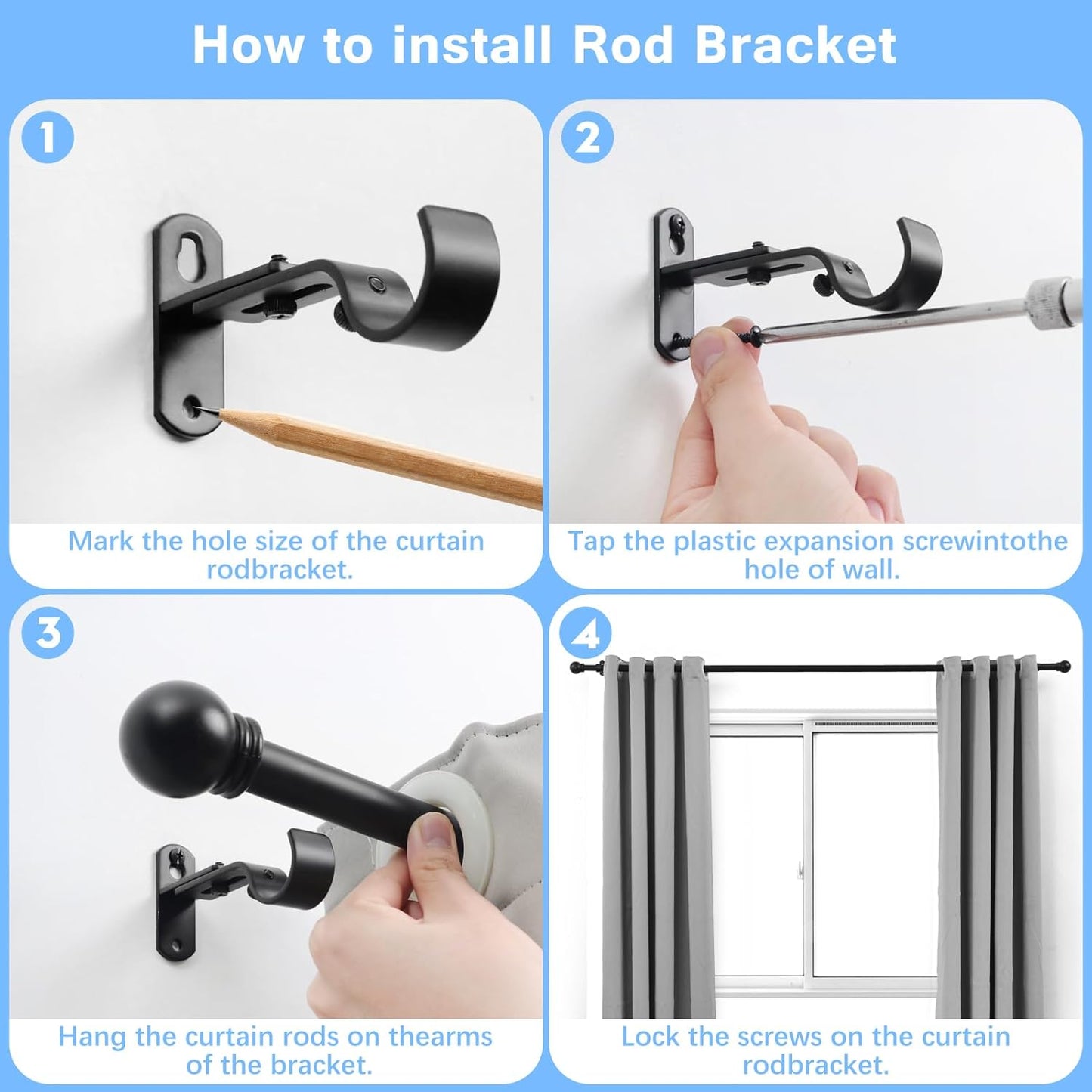 Curtain Rods for Windows 16 to 136 Inches, Curtain Rod Max Adjustable Length of 144 IN, 1" Diameter Drapery Rods Round Finials, Black, Pack of 1
