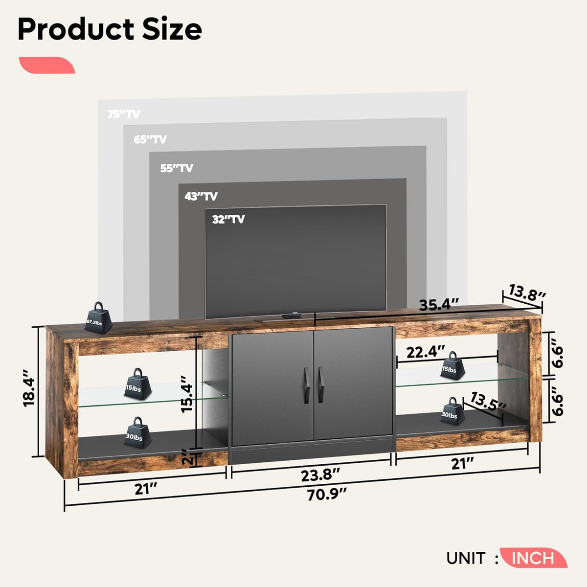 Bestier 70 Inch Led TV Stand for Large TVs - Modern Rustic Brown Entertainment Center with Adjustable Glass Shelves, Two Cabinets, 22 RGB Modes for Living Room Gaming