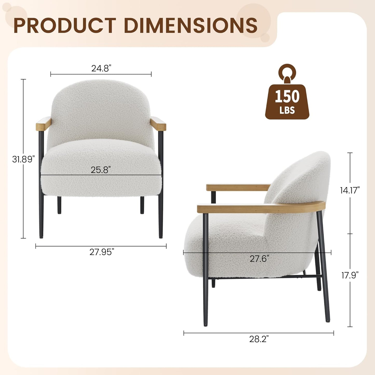 Garvee Modern Accent Chair, White Comfy Chair with Teddy Fabric, Wood Arms, Metal Frame & Adjustable Feet, Mid Century Modern Chair for Living Room,Bedroom, Office