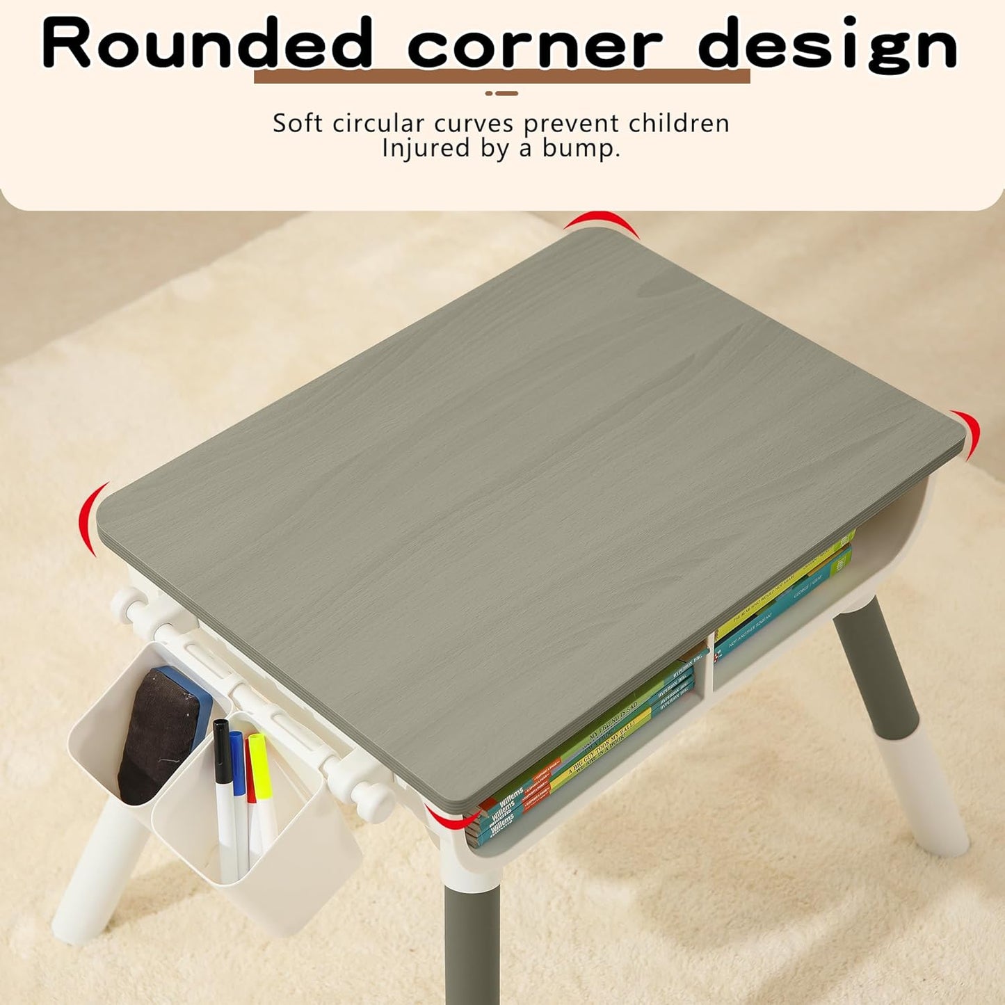 Kids Study Desk and Chair set Height Adjustable Graffiti Desktop Storage Drawer Storage Basket non Slip Legs Suitable for Max Weight of 220 Pounds Suitable for Children Aged 2-10(Dark grey 2Chair)