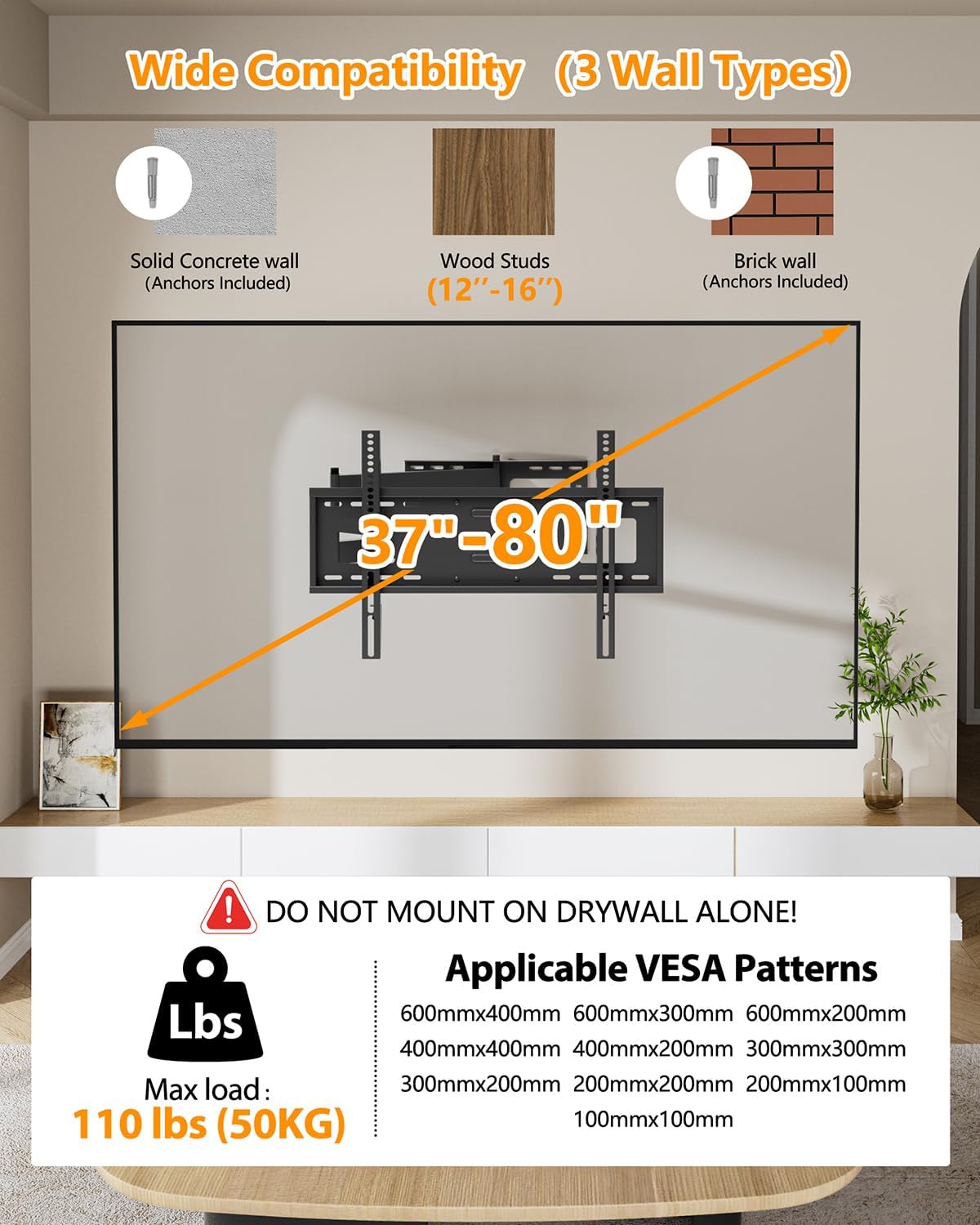 FORGING MOUNT Long Extension TV Mount Full Motion Wall Bracket with 42 inch Long Arm Articulating TV Wall Mount for 37 to 80 Inch Flat/Curve TVs, VESA 600x400mm Compatible, Holds up to 110 lbs