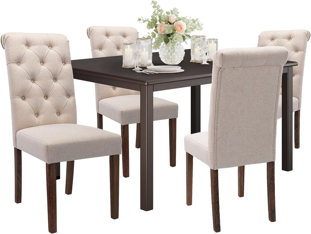 COLAMY 5-Piece Dining Table Set for 4, 60" Rectangular Farmhouse Kitchen Wood Table with 4 Tufted Dining Room Chairs, Brown/Beige
