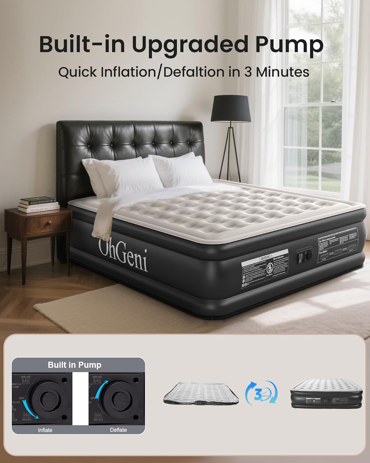 OhGeni King Air Mattress Family Choice Award with Built-in Pump,18'' Comfortable Blow Up Colchones Inflables Mattress for Home,Guests, Portable Air Bed for Adults, Airbed Supports Up to 650 lbs,Black