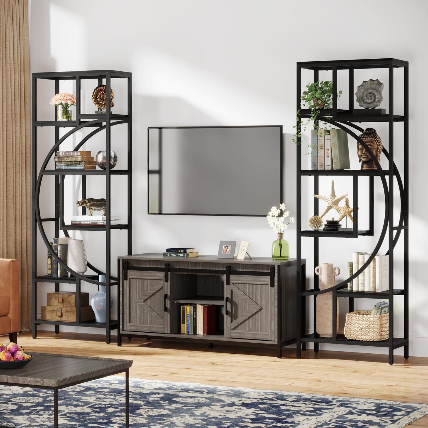 Geometric Bookshelf, 70.9" Tall Bookcase with 7-Shelf Open Shelves, Wood Metal Book Shelf Display Rack Storage Shelving Unit for Office, Bedroom, Living Room, Easy Assembly, Black