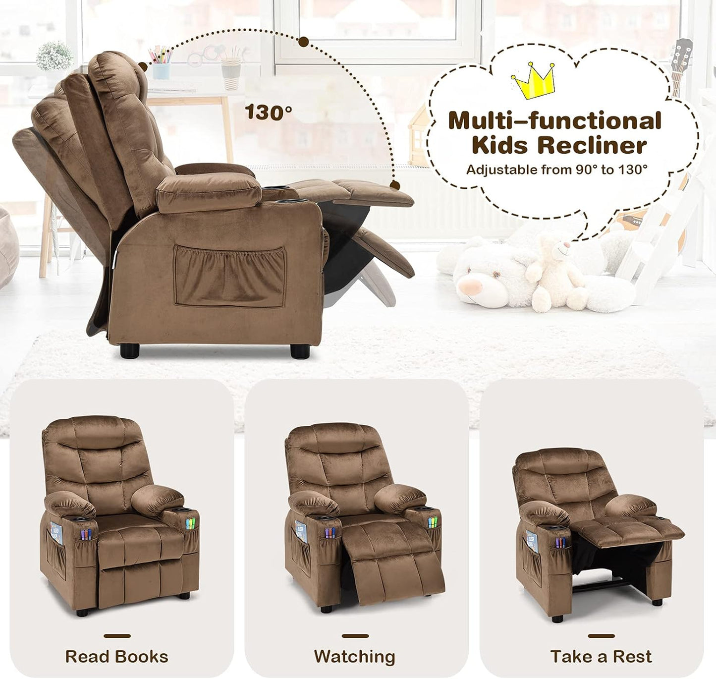 Costzon Kids Recliner Chair with Cup Holder, Adjustable Velvet Lounge Chair w/Footrest & Side Pockets for Children Boys Girls Room, Ergonomic Toddler Furniture Sofa, Kids Recliner (Brown)