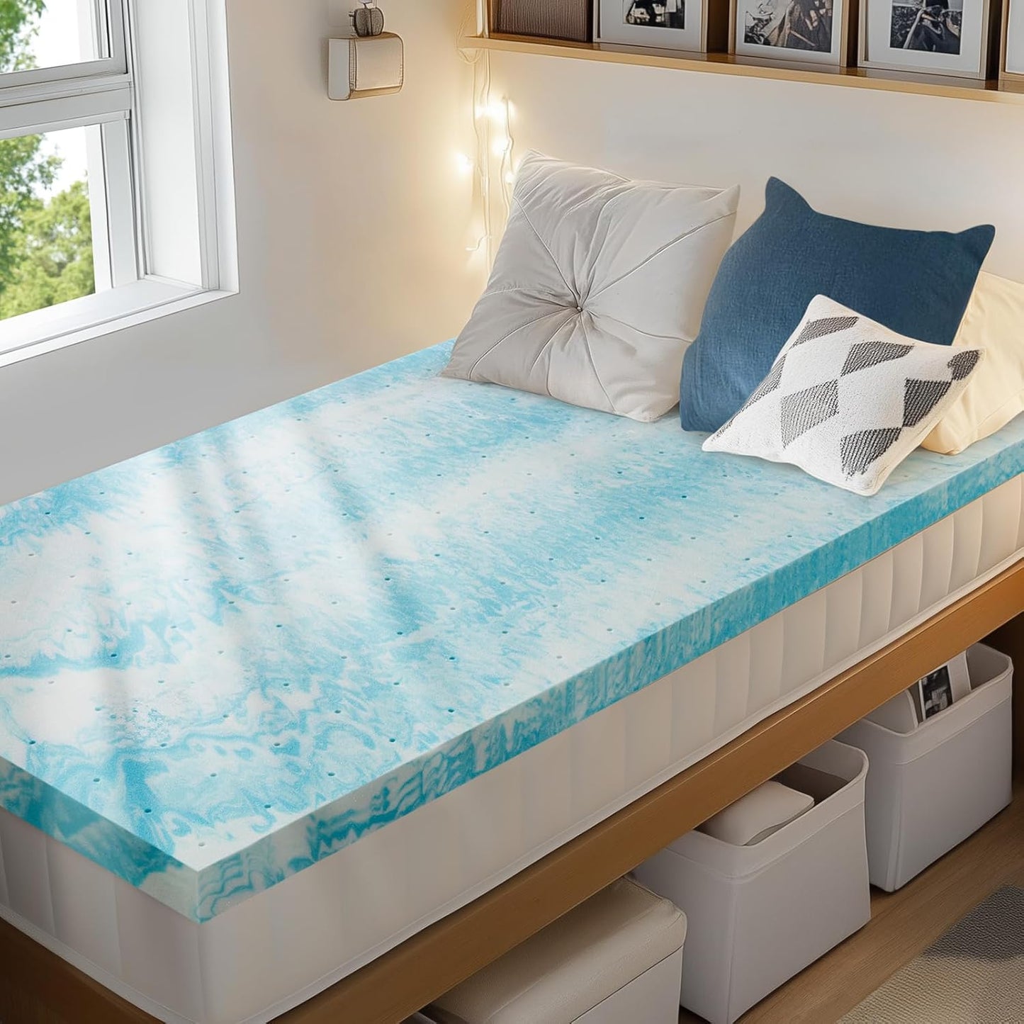 PERLECARE 4 Inch Twin XL Memory Foam Mattress Topper, Cooling Gel Infused Mattress Pad, Ventilated Bed Topper for Pressure Relief, CertiPUR-US Certified, Dorm Room Essentials, Blue
