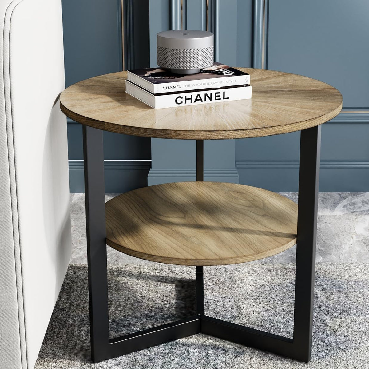 LEEMTORIG Round Side Table, Large 2-Tier End Table Nightstand with Metal Legs, Modern Bedside Couch Table for Living Room, Bedroom, Office, Rustic Natural/Black, 25.2 x 25.2 x 24 inches CJZ-1338