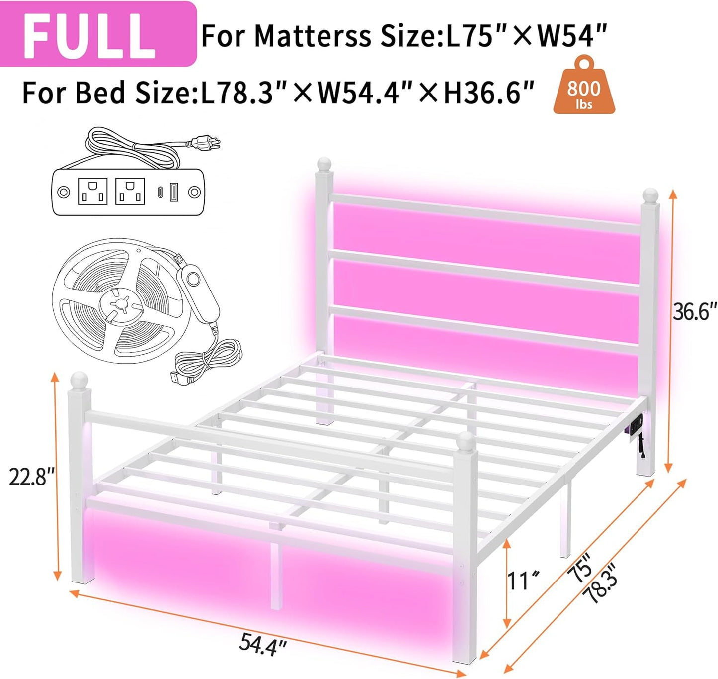 Full Size Bed Frame with Headboard and Footboard,Steel Slats Support-LED Bed Frame with USB Charging Station,Mattress Foundation-Under Bed Storage,No Box Spring Needed,Noise Free,White