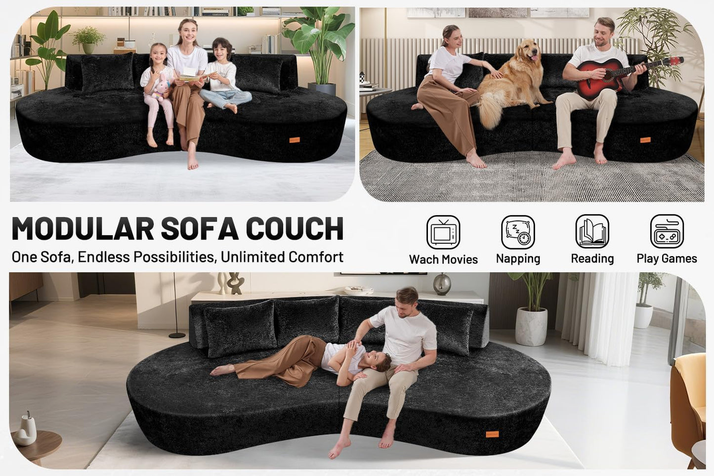 Homguava 104'' Modular Sectional Sofa,Curved Modern Sofa with Memory Foam,Deep Seat Cloud Couch with 4 Pillows,Upholstered Oversized Couches for Living Room Apartment Office,No Assembly Required,Black