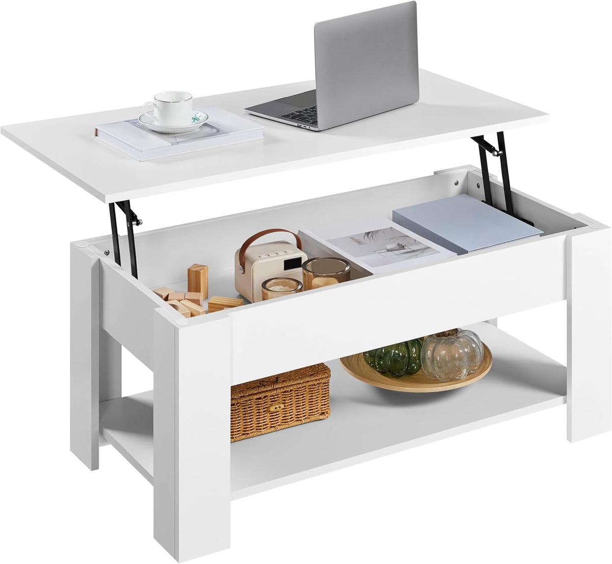 Yaheetech Lift Top Coffee Table w/Hidden Storage Compartment and Storage Shelf - Lift Tabletop for Living Room Reception Room, White