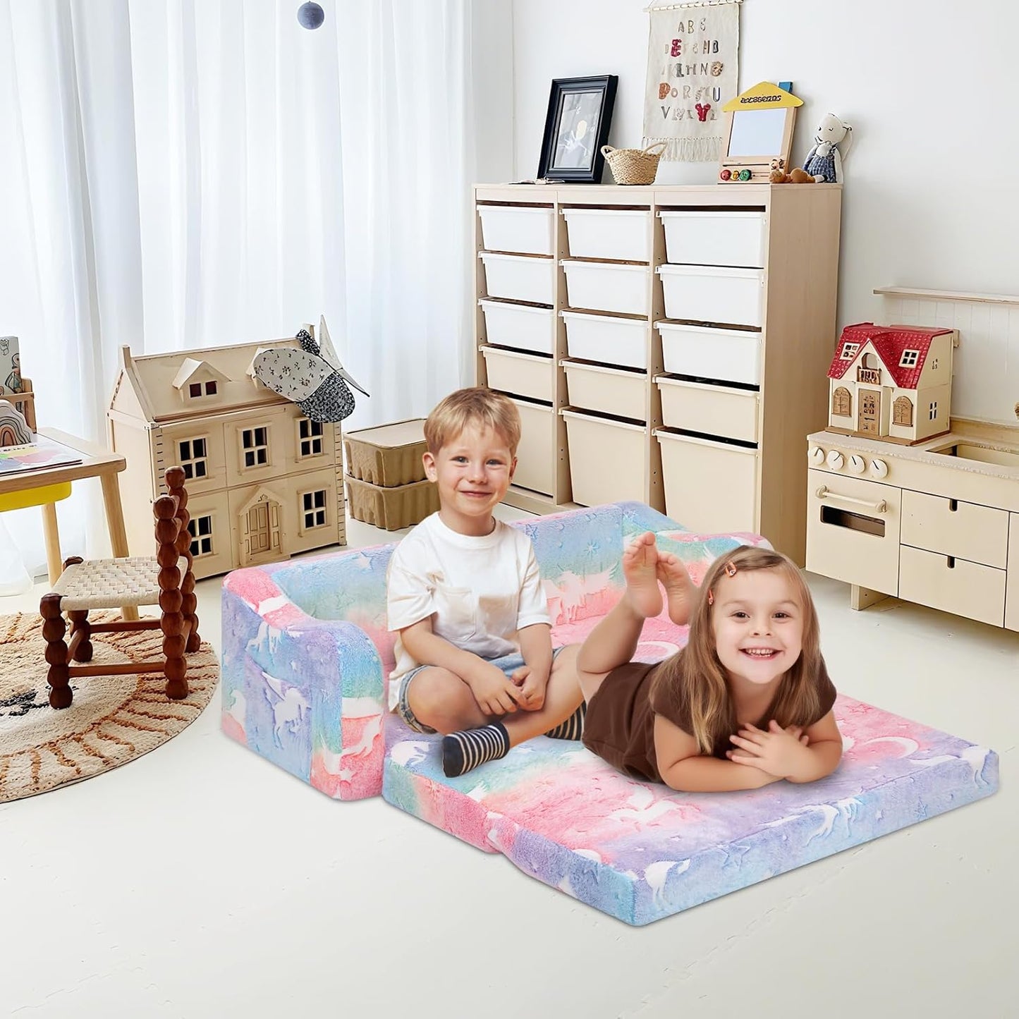 Kids Couch Extra Large,Glow in The Dark 2-in-1 Folding Kids Sofa Bed for Girls,2 Seats Convertible Sleeper Lounger Toddler Couch for Children Bedroom Playroom Nursery,Unicorn